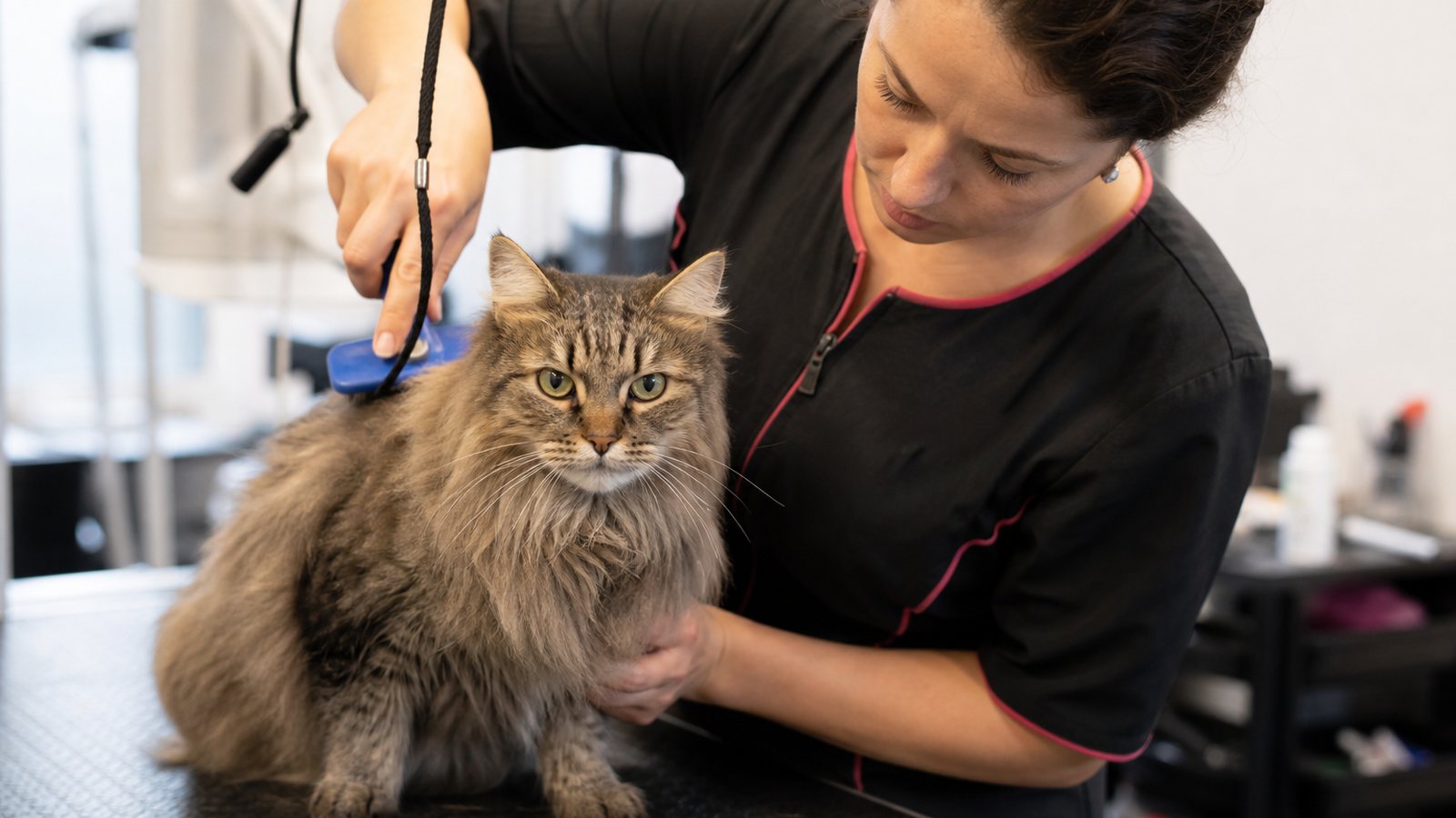 Chat calme posé sur une table de toilettage dans une pièce à l'écart des chiens