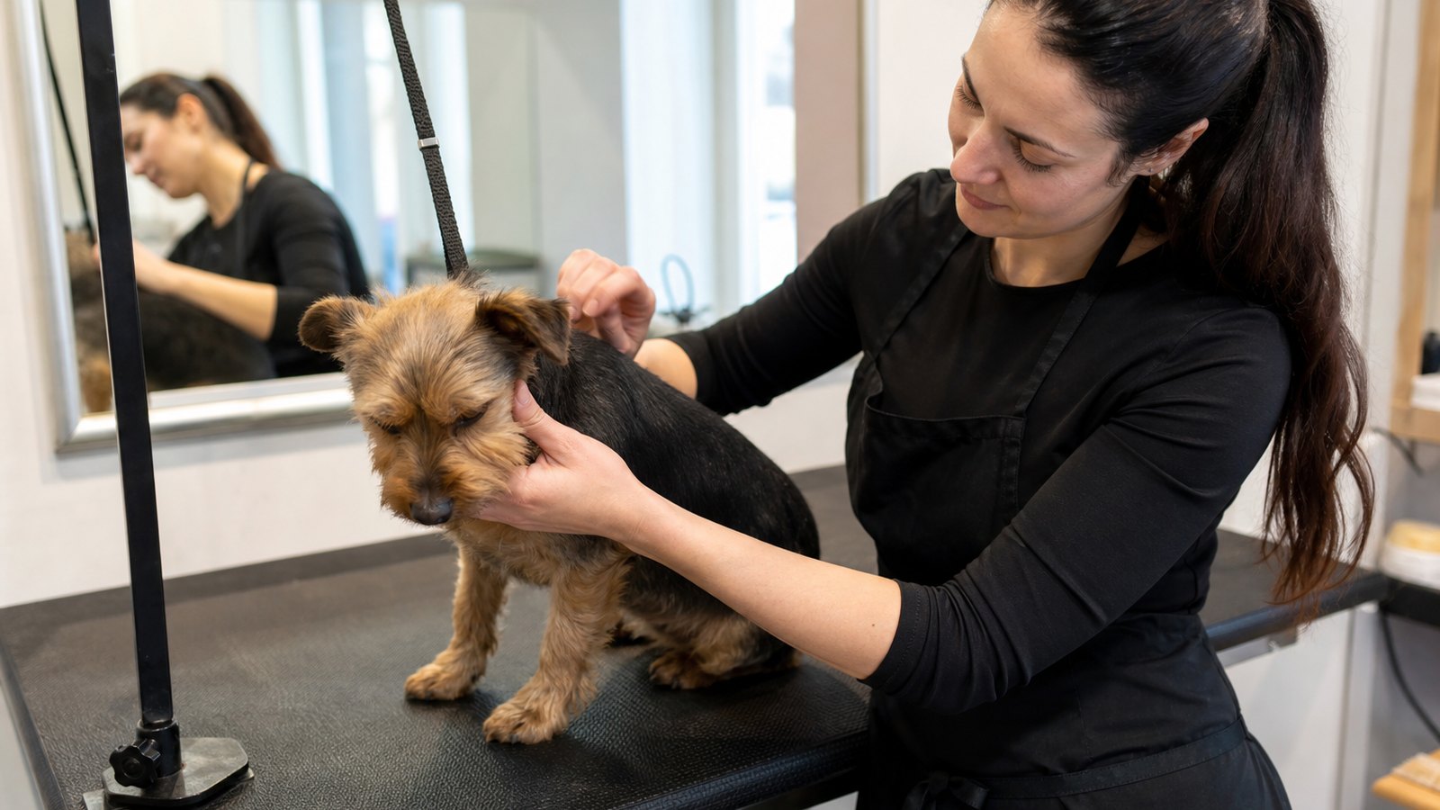 Toiletteur rassurant un animal anxieux